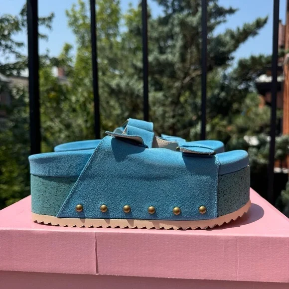 New Free People Rule Breaker Flatform Sandal Shoes Platform Suede Blue Capri 36